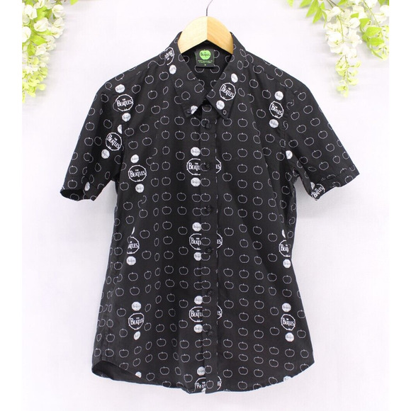 Beatles Men's Drum and Apples Casual Button Down Shirt Black/White Sz Small - Picture 1 of 8